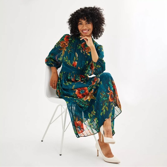 Floral Teal & Peach Chiffon Midi/Maxi Dress - Picture 4 of 9